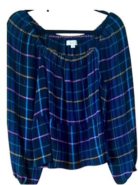LOFT Plaid Peplum Blouse Textured Gauze Long Sleeve Scoop Neck XS